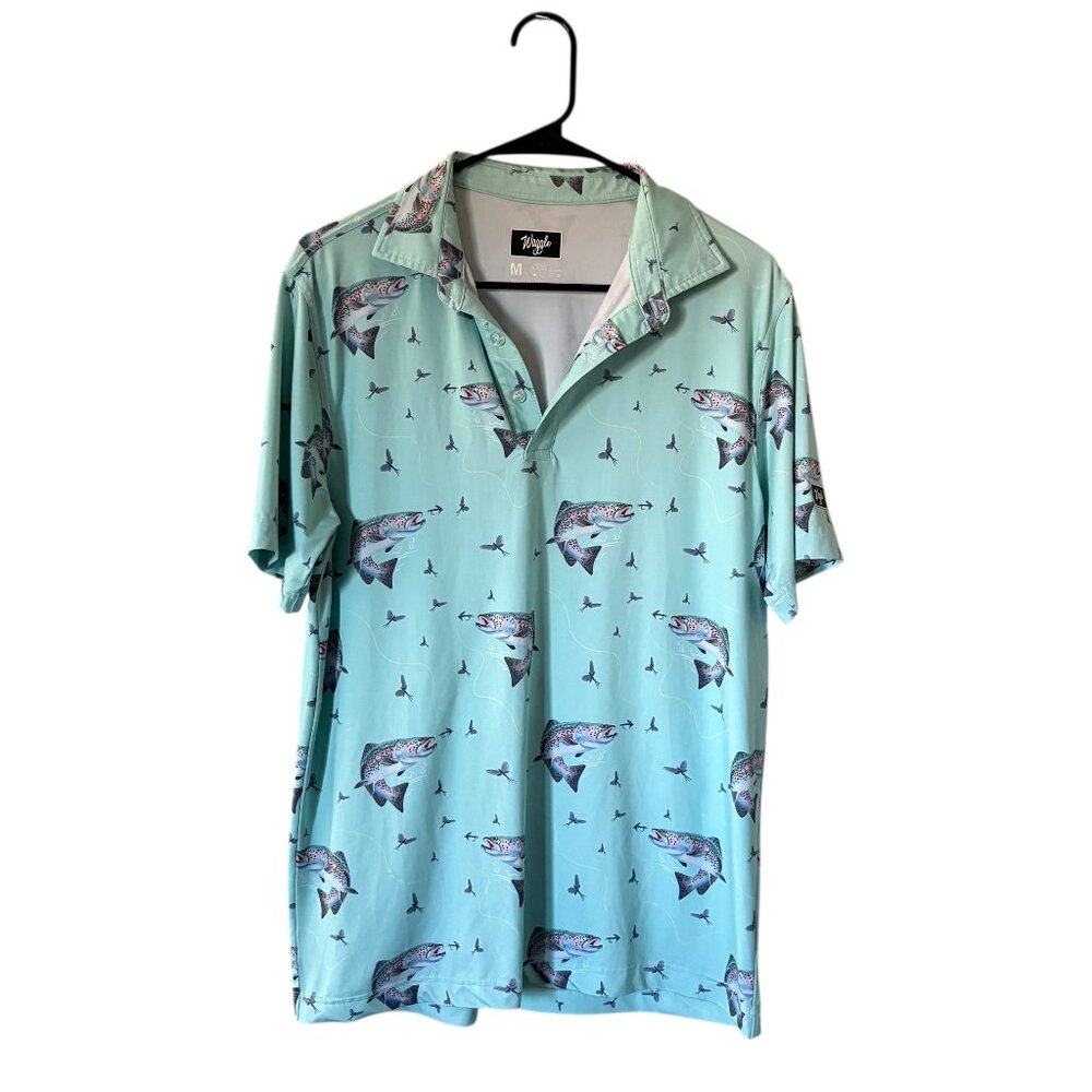 Waggle Mens Golf Shirt Top Polo Athletic Blue Fish Print Size Medium